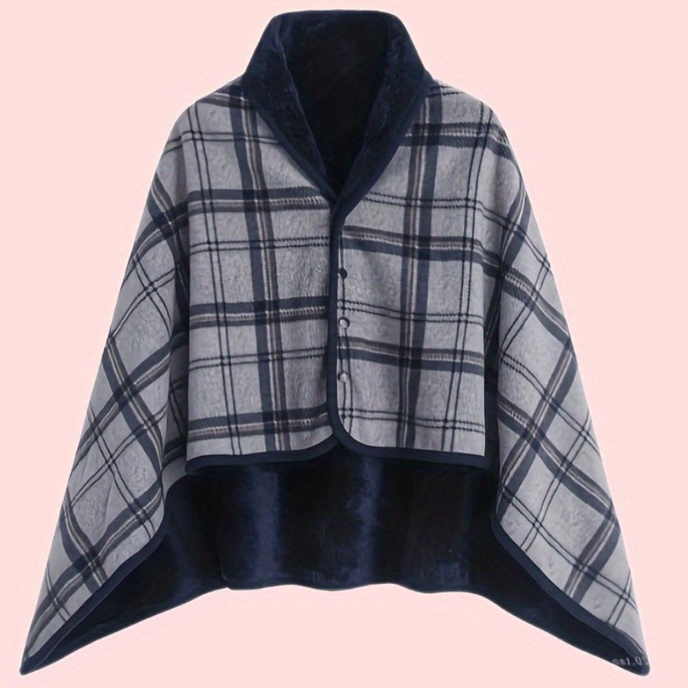 Women's Plaid Snap Button Fleece Lined Poncho Cape