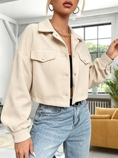Damen Kurzjacke Rippstrick Cropped Jacke mit Knopfleiste & Brusttaschen