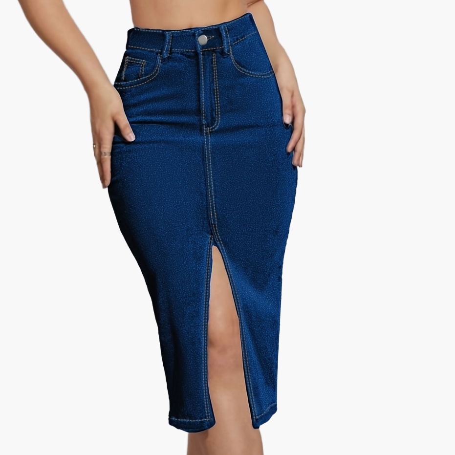 Damejeans-midirok med høj talje og frontslids – moderigtig fritidsstil til sommeren