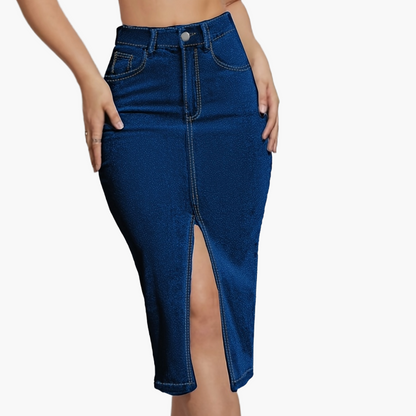 Damejeans-midirok med høj talje og frontslids – moderigtig fritidsstil til sommeren