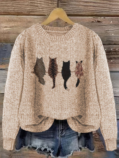Damen Strickpullover mit Rundhalsausschnitt und Katzen-Print