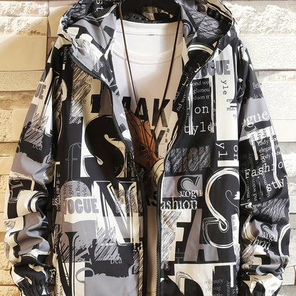 Giacca con cappuccio unisex con stampa testuale, giacca a vento casual con cerniera, rosso nero bianco