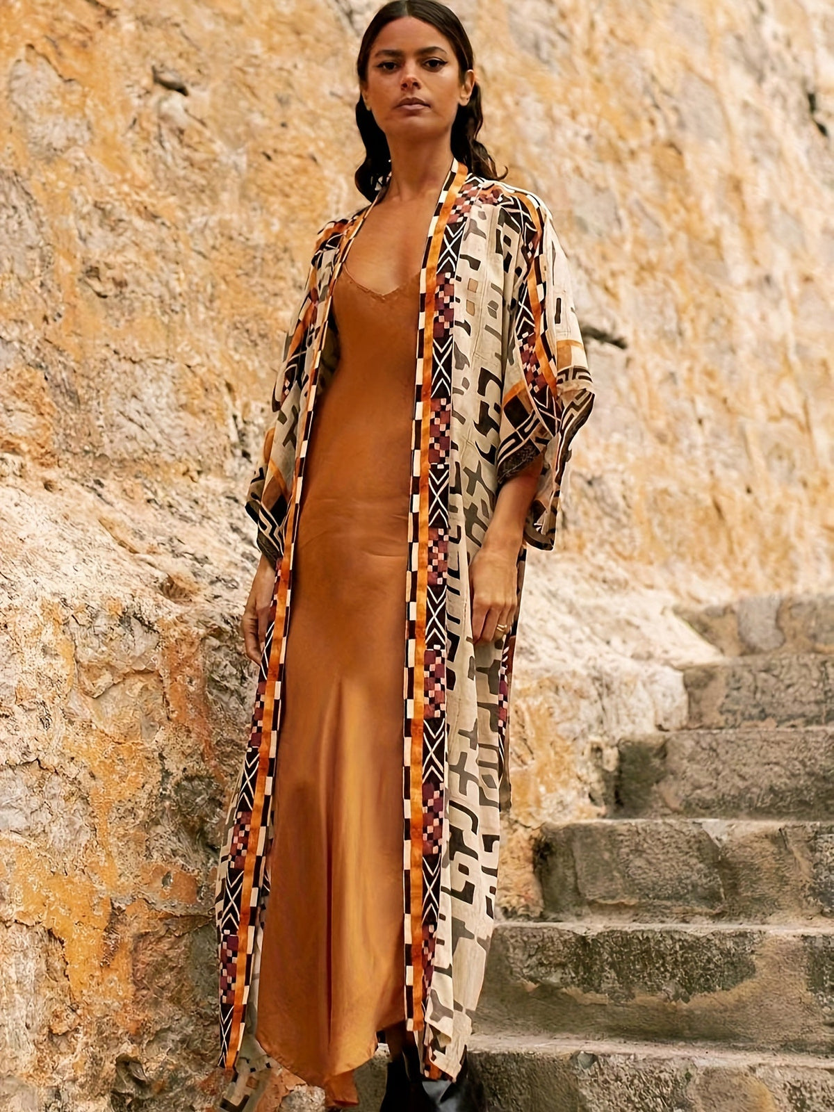 Damen Boho Kimono Lang mit Ethno-Muster – Eleganter Langer Mantel für Strand und Alltag