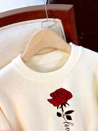 Dame-sweatshirt i creme-rosa, tofarvet med rosenprint og ribmanchetter
