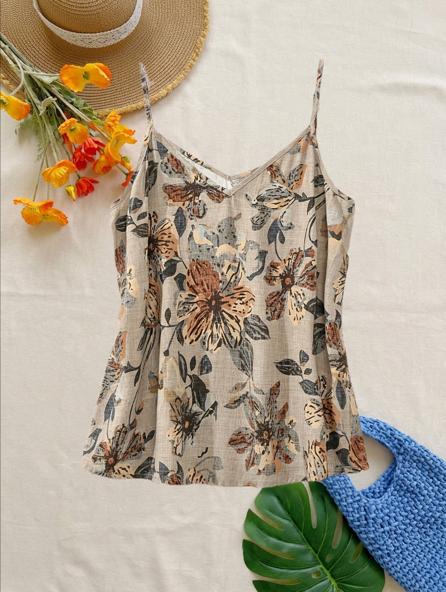 Top fleuri pour femme avec décolleté en V et fines bretelles – Estival, élégant, idéal pour les loisirs et les vacances