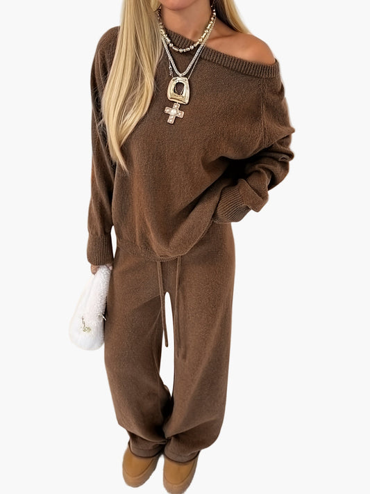 Dames lounge set vrijetijdstweedelig met wijde pasvorm – Comfortabele gebreide trui en broek, modieus voor herfst en winter