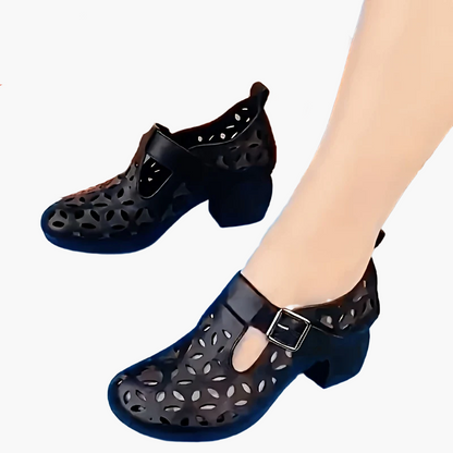 Damen Mary-Jane Blockabsatz Schuhe – Modische Alltags- und Freizeitschuhe mit Cut-Out Design