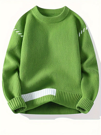 Unisex Strickpullover mit Rundhalsausschnitt und Kontraststreifen-Details, Langarm