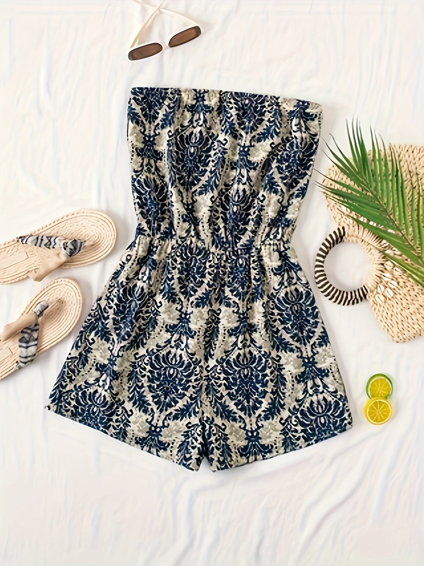 Damen Bandeau Jumpsuit mit elegantem Damastmuster – Stilvoller Einteiler für Sommer & Freizeit