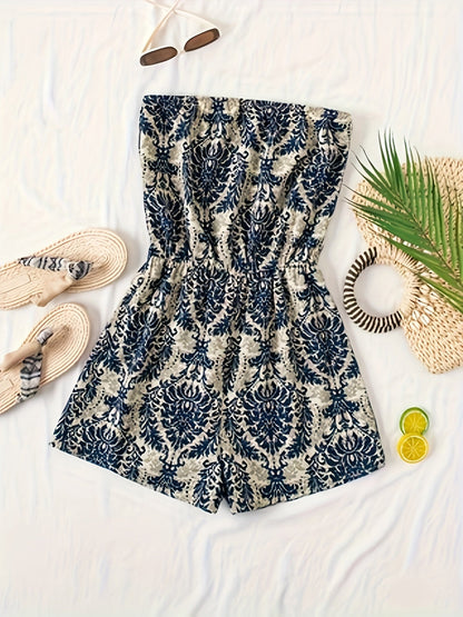 Damen Bandeau Jumpsuit mit elegantem Damastmuster – Stilvoller Einteiler für Sommer & Freizeit
