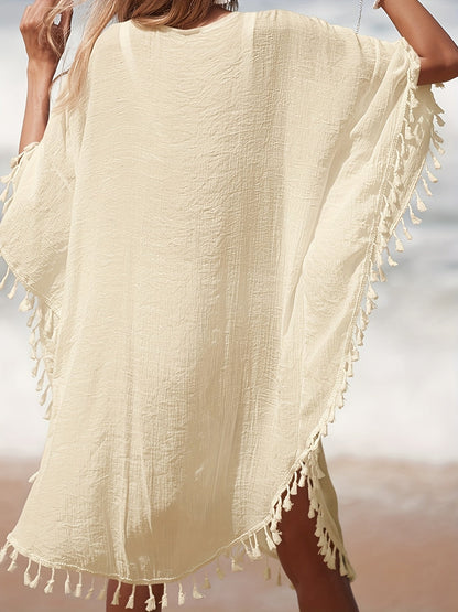 Dame strandkaftan poncho med hæklet detalje og frynser – Perfekt strandmode og sommer cover-up