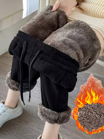Pantaloni da jogging termici unisex in tessuto a coste nero con fodera in peluche