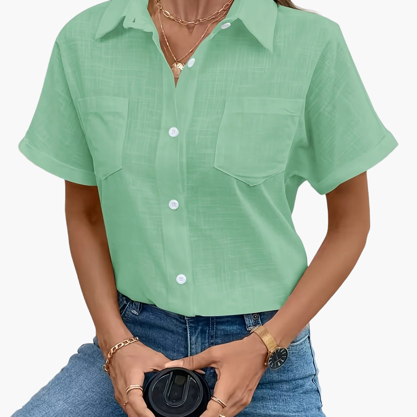 Damen Kurzarm Bluse mit Vogelmotiv – Casual Sommer Hemd mit Brusttasche