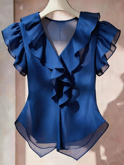 Damevolantbluse med V-hals og volanger – Elegant chiffongbluse for kontor og kveld