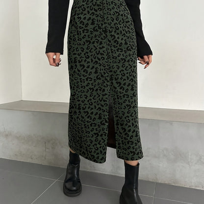Gonna midi da donna con motivo leopardato e spacco