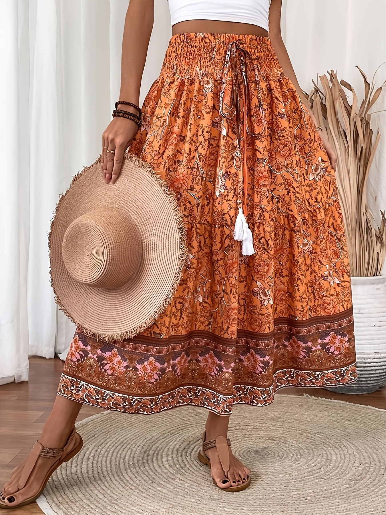 Damen Boho Maxirock mit Blumenmuster, Eleganter Sommerrock für Freizeit und Urlaub