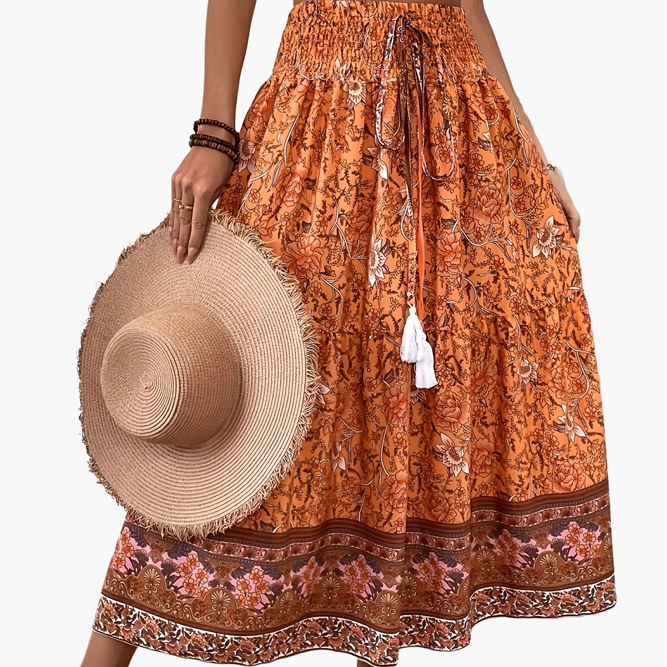 Damen Boho Maxirock mit Blumenmuster, Eleganter Sommerrock für Freizeit und Urlaub