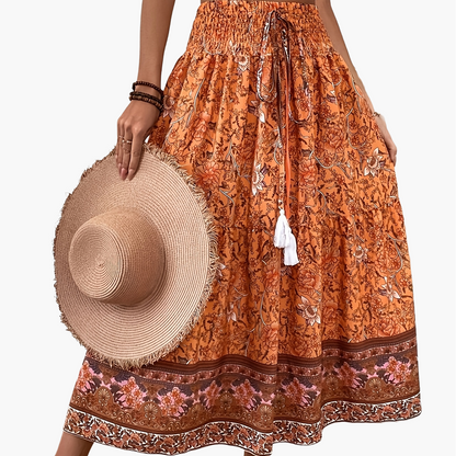 Damen Boho Maxirock mit Blumenmuster, Eleganter Sommerrock für Freizeit und Urlaub