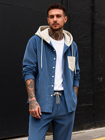 Conjunto de dos piezas para hombre con camisa tipo sudadera con capucha acanalada y pantalón jogger, traje informal