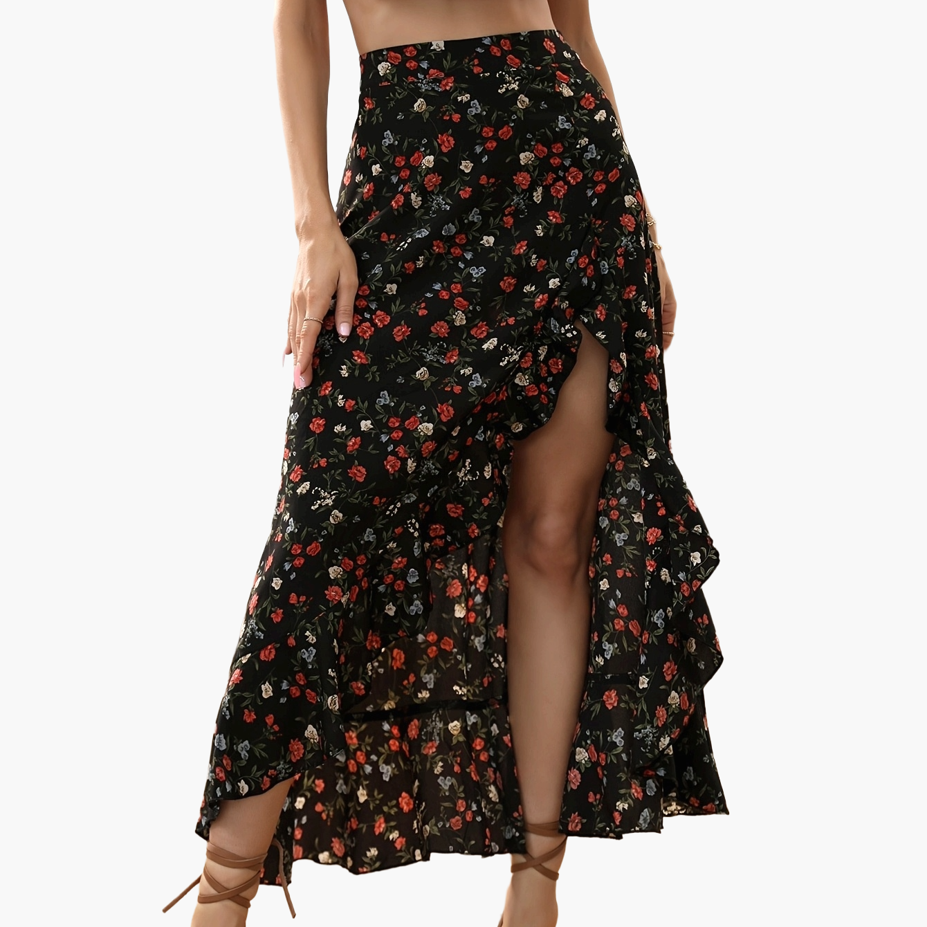 Damen Maxirock Elegant mit Blumenmuster und Volants für Frühling und Sommer