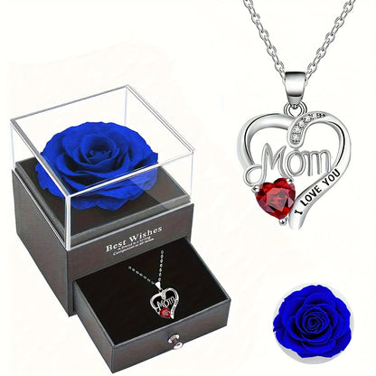 Damen Schmuckset Herz Halskette mit Anhänger 'Mom I Love You' und Geschenkbox mit Ewiger Rose – Elegantes Muttertagsgeschenk
