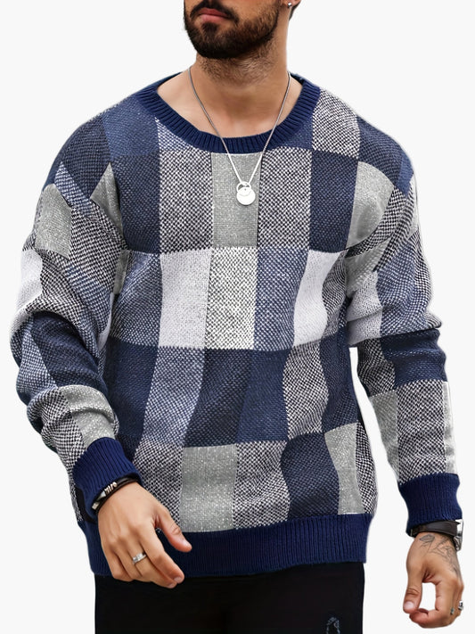 Pull homme à carreaux décontracté automne/hiver – Pull en maille moderne à col rond pour le quotidien et les loisirs
