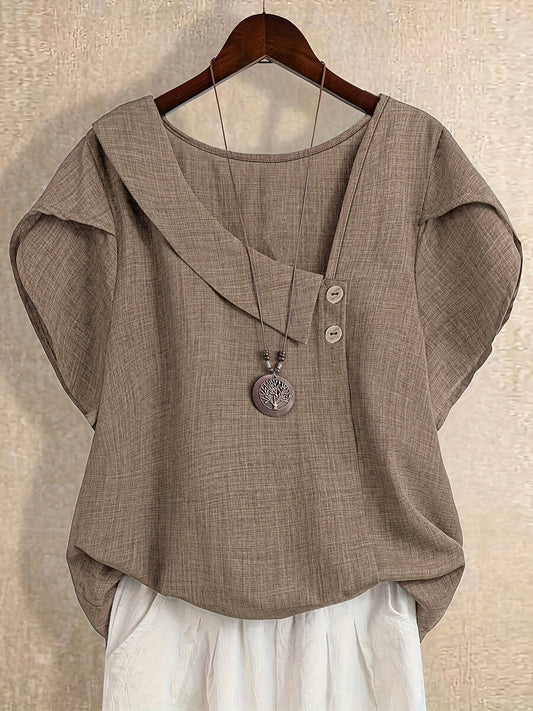 Damen Tunika-Bluse mit asymmetrischem Kragen und Knopfdetail, lockerer Schnitt, künstlerischer Stil