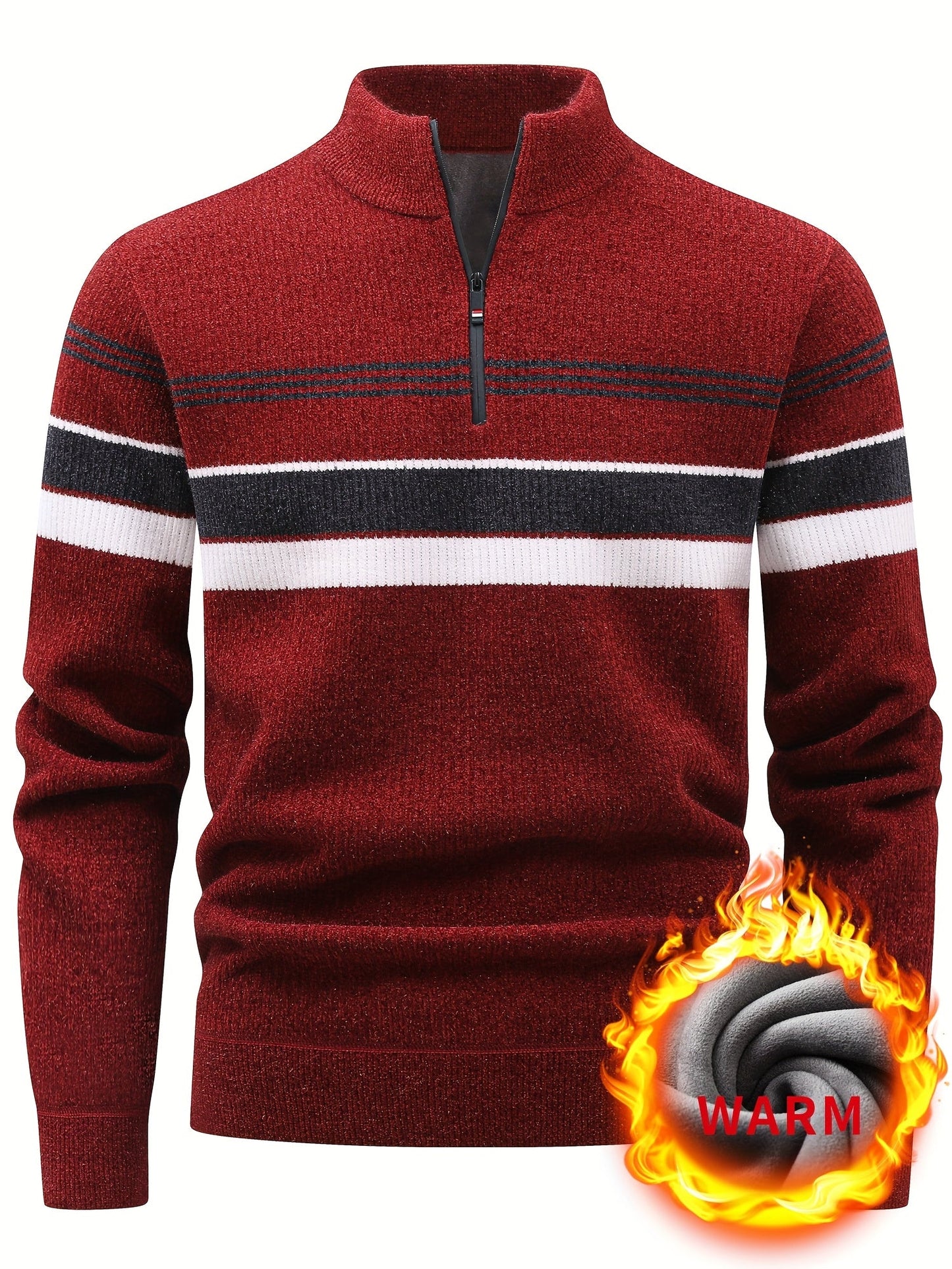 Herren Halb-Reißverschluss Strickpullover mit Streifenmuster, gerippt