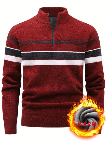 Herren Halb-Reißverschluss Strickpullover mit Streifenmuster, gerippt