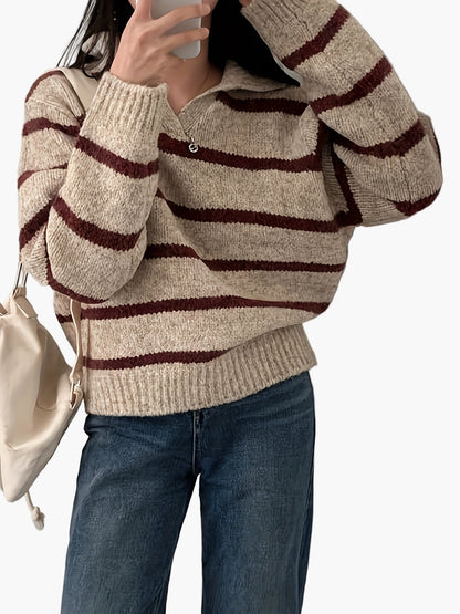 Damen Strickpullover mit Streifen und Kragen – Eleganter Freizeit-Look für Herbst und Winter