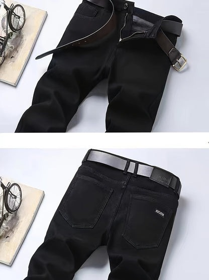 Herren Hose Schwarz Jeans-Stil Gürtelschlaufen Knopfleiste