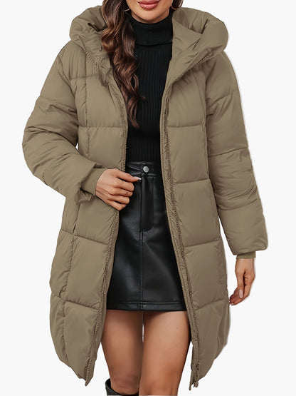 Damen Winter Steppmantel mit Kapuze – Modischer langer Wintermantel für Alltag und Freizeit
