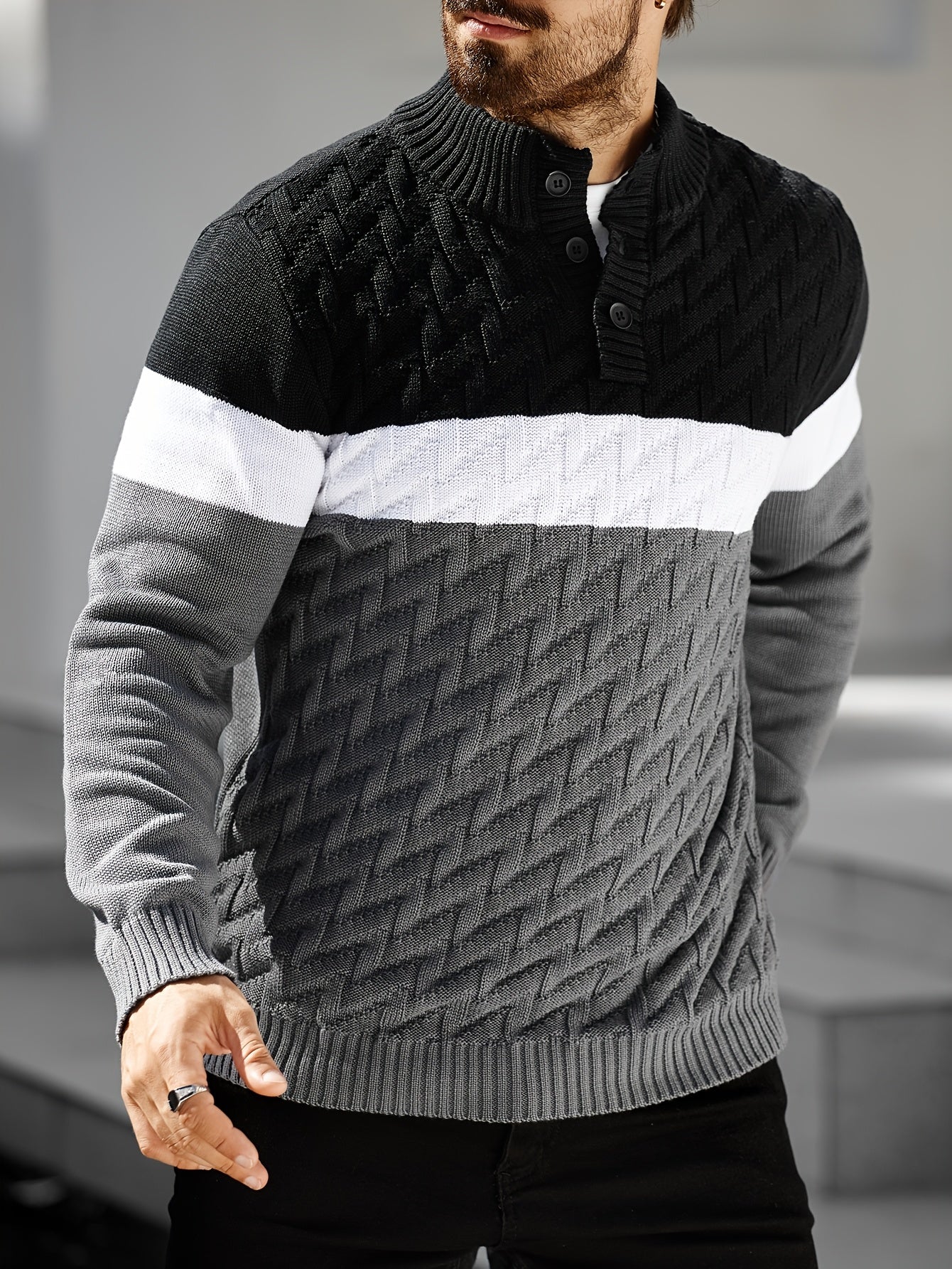 Herren Strickpullover Blockfarben Zopfmuster Stehkragen Knopfleiste