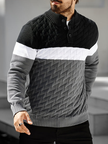 Herren Strickpullover Blockfarben Zopfmuster Stehkragen Knopfleiste