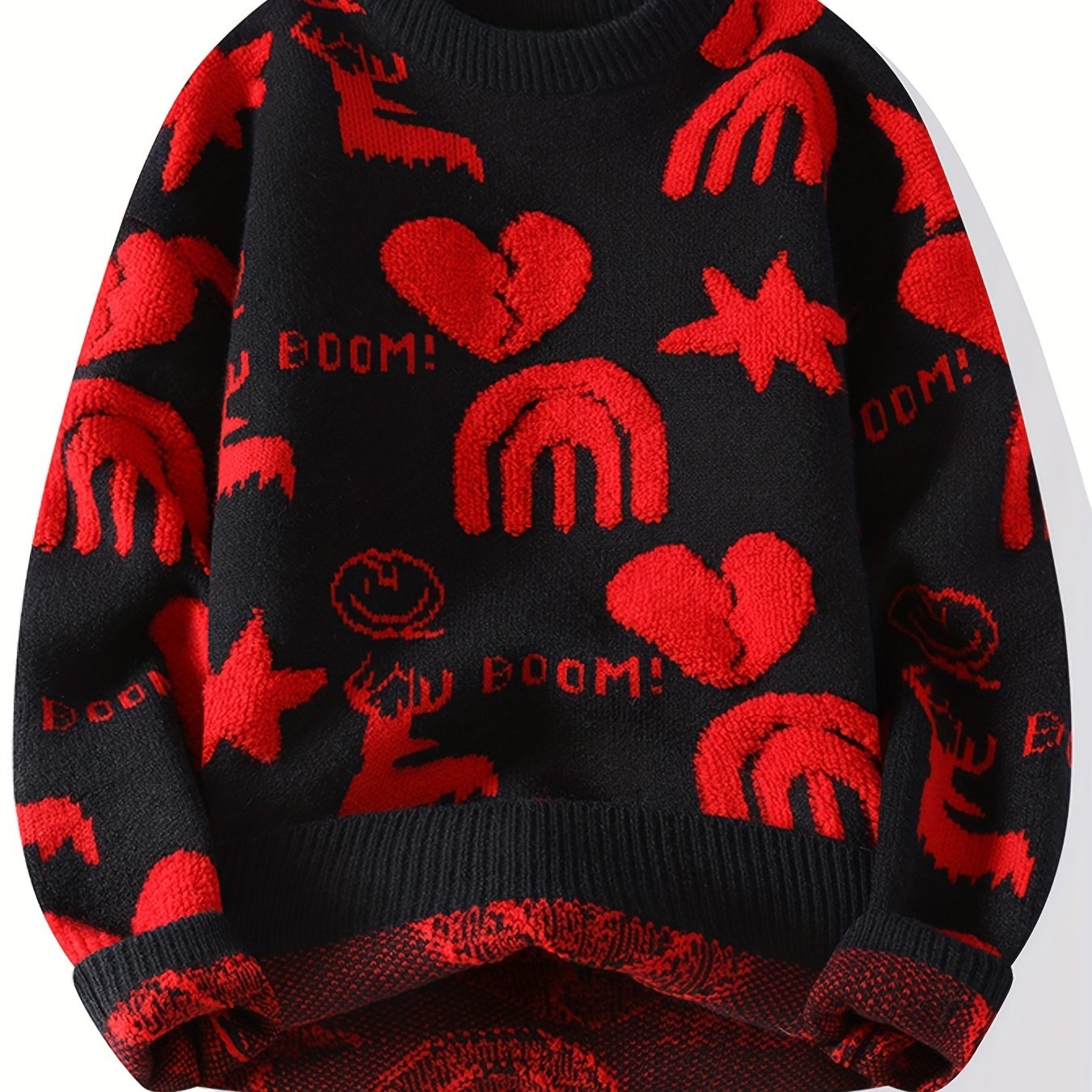 Unisex Strickpullover Rundhals mit Muster (Hirsch, Herz, Regenbogen)