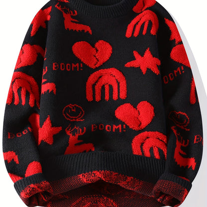 Unisex Strickpullover Rundhals mit Muster (Hirsch, Herz, Regenbogen)
