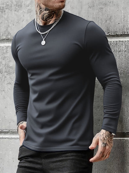 Langærmet herre-T-shirt, 3-pak, rund hals, slim fit, basic, sort, grå, hvid