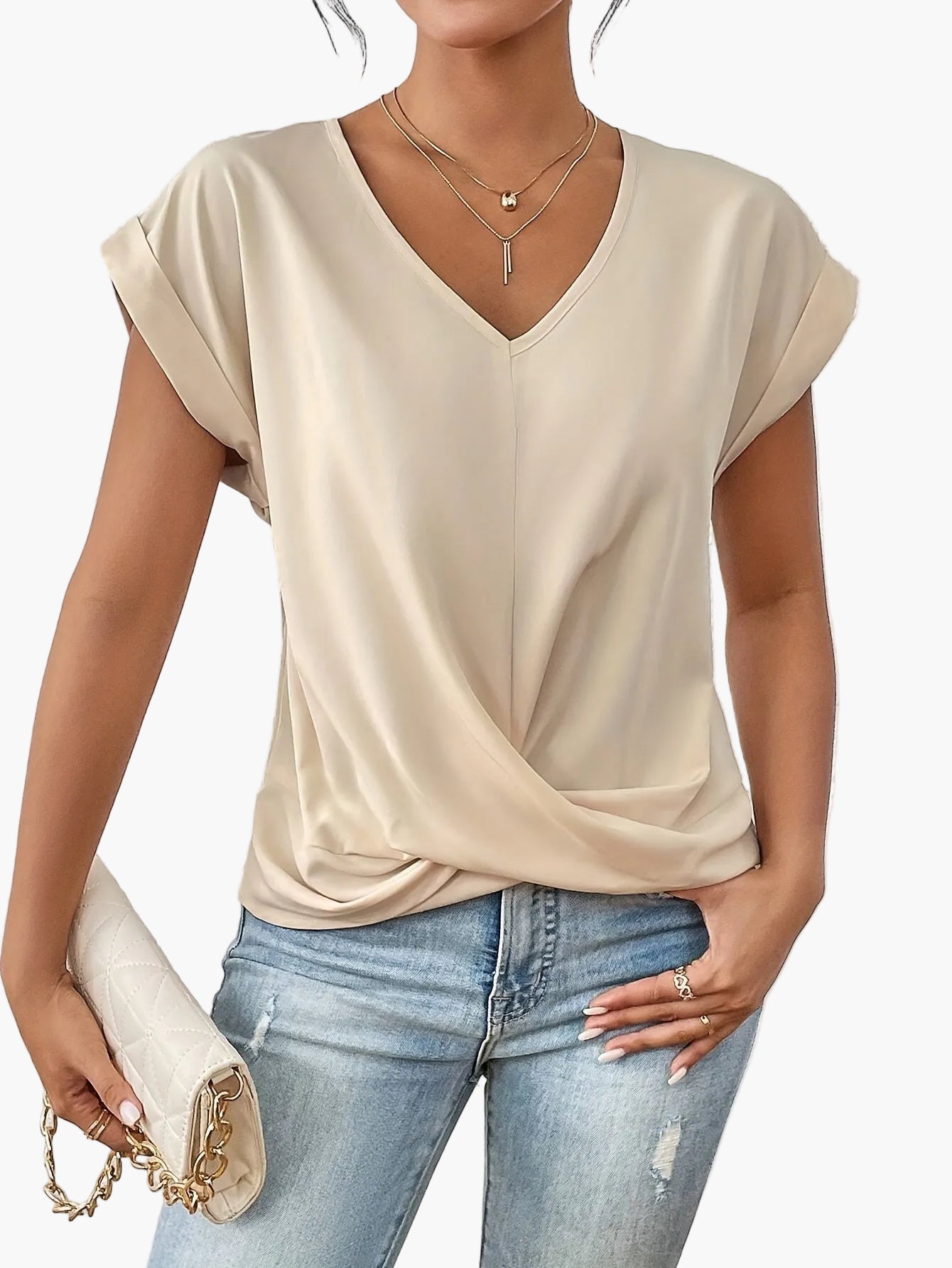 T-shirt casual da donna a manica corta con scollo a V – Top casual chic per tutti i giorni e estate