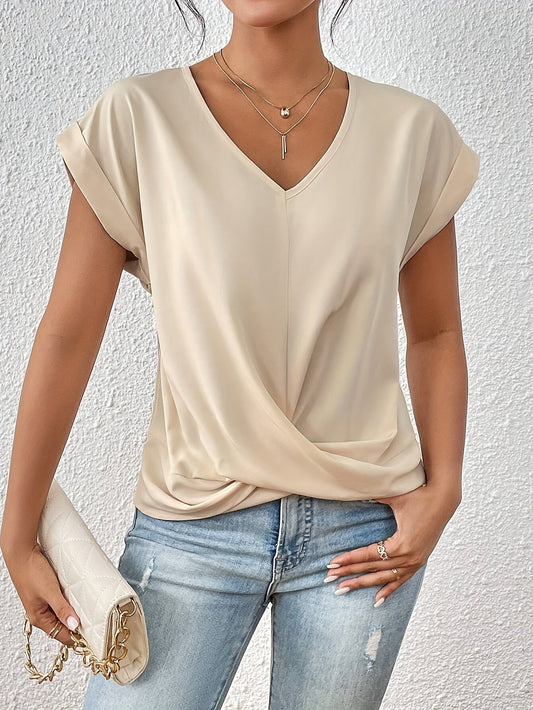 Dame Elegant Bluse med V-hals og omslagslook for hverdag og kontor