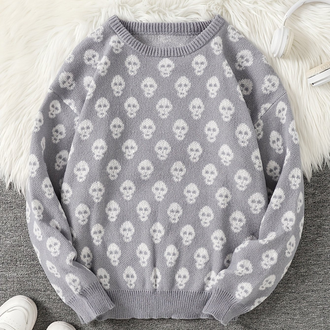Jersey de punto unisex con cuello redondo, estampado de calavera y manga larga