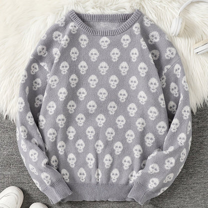 Jersey de punto unisex con cuello redondo, estampado de calavera y manga larga