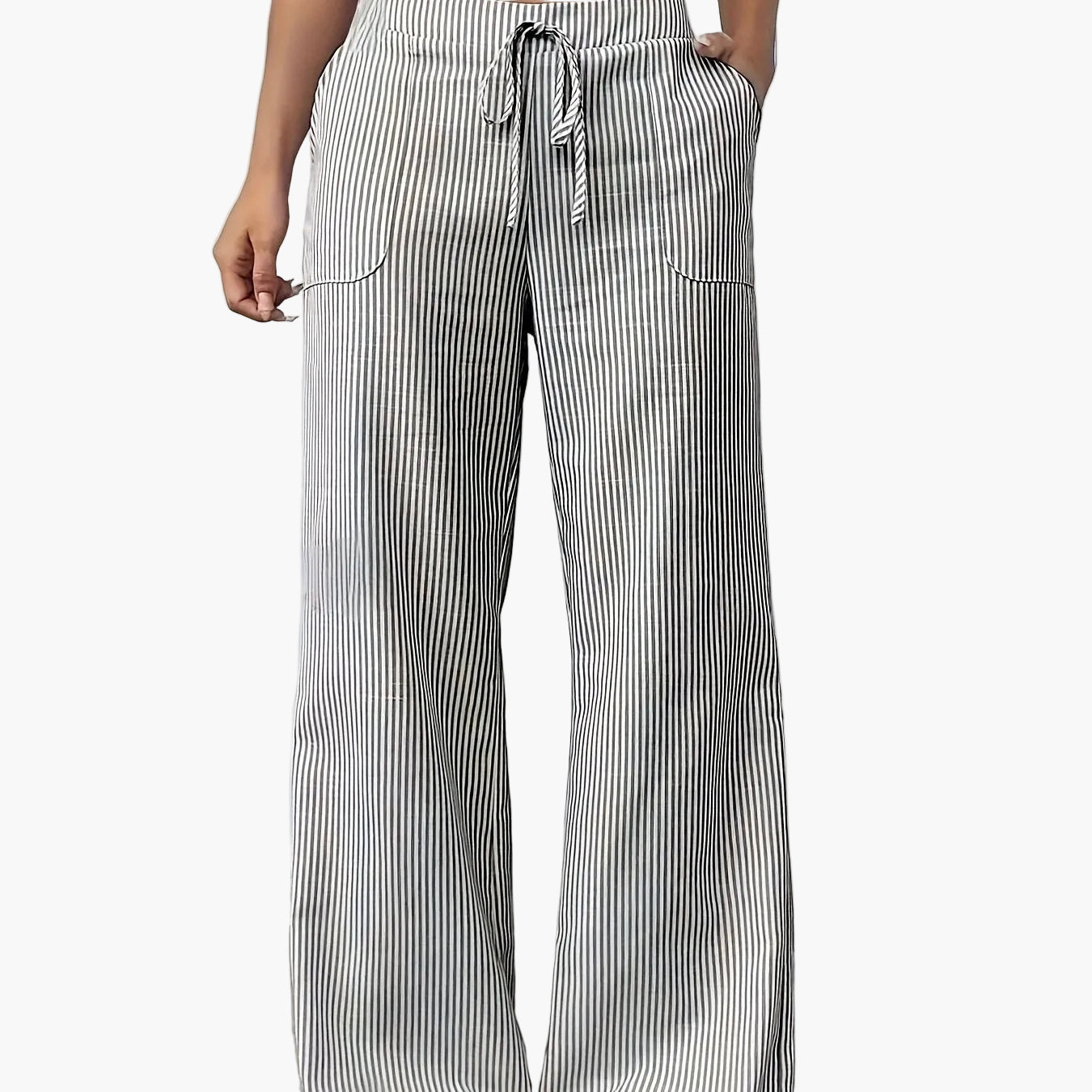 Damskie spodnie w szerokie paski z troczkiem – swobodne spodnie na wiosnę i lato
