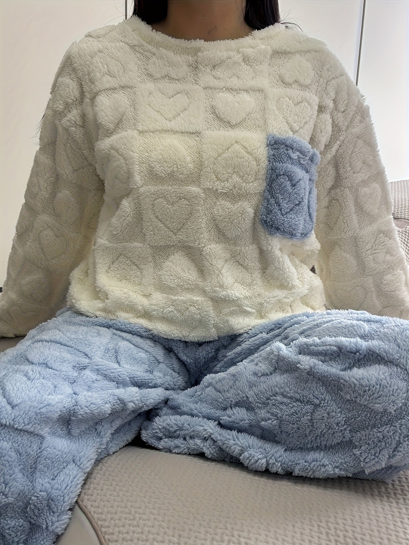 Pigiama coccoloso con motivo a cuori, morbido pigiama loungewear