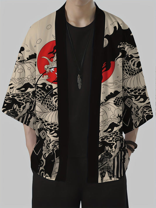 Cardigan kimono para hombre con patrón de dragón asiático – Abrigo streetwear abierto, conjunto casual y elegante