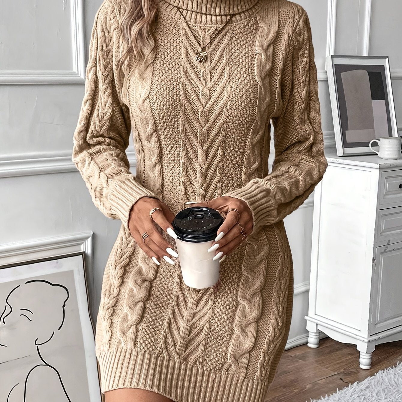 Damen Strickkleid Rollkragen Zopfmuster Langarm