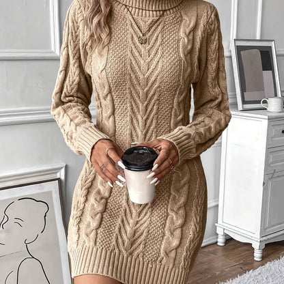 Damen Strickkleid Rollkragen Zopfmuster Langarm