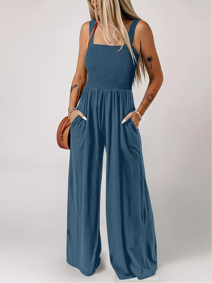 Mono elegante de mujer con parte superior fruncida y pierna ancha – Perfecto para primavera y verano