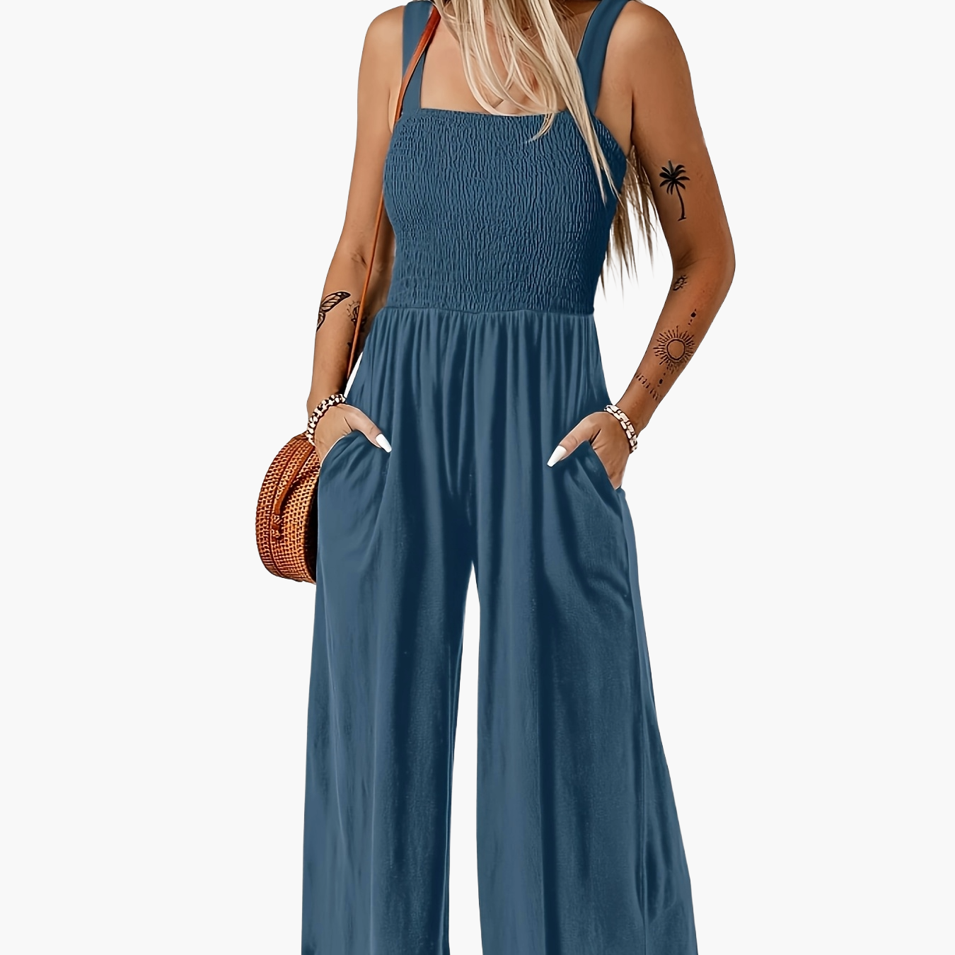 Mono elegante de mujer con parte superior fruncida y pierna ancha – Perfecto para primavera y verano