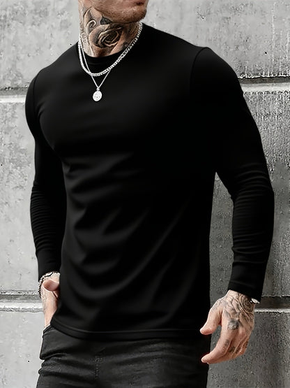 Langærmet herre-T-shirt, 3-pak, rund hals, slim fit, basic, sort, grå, hvid