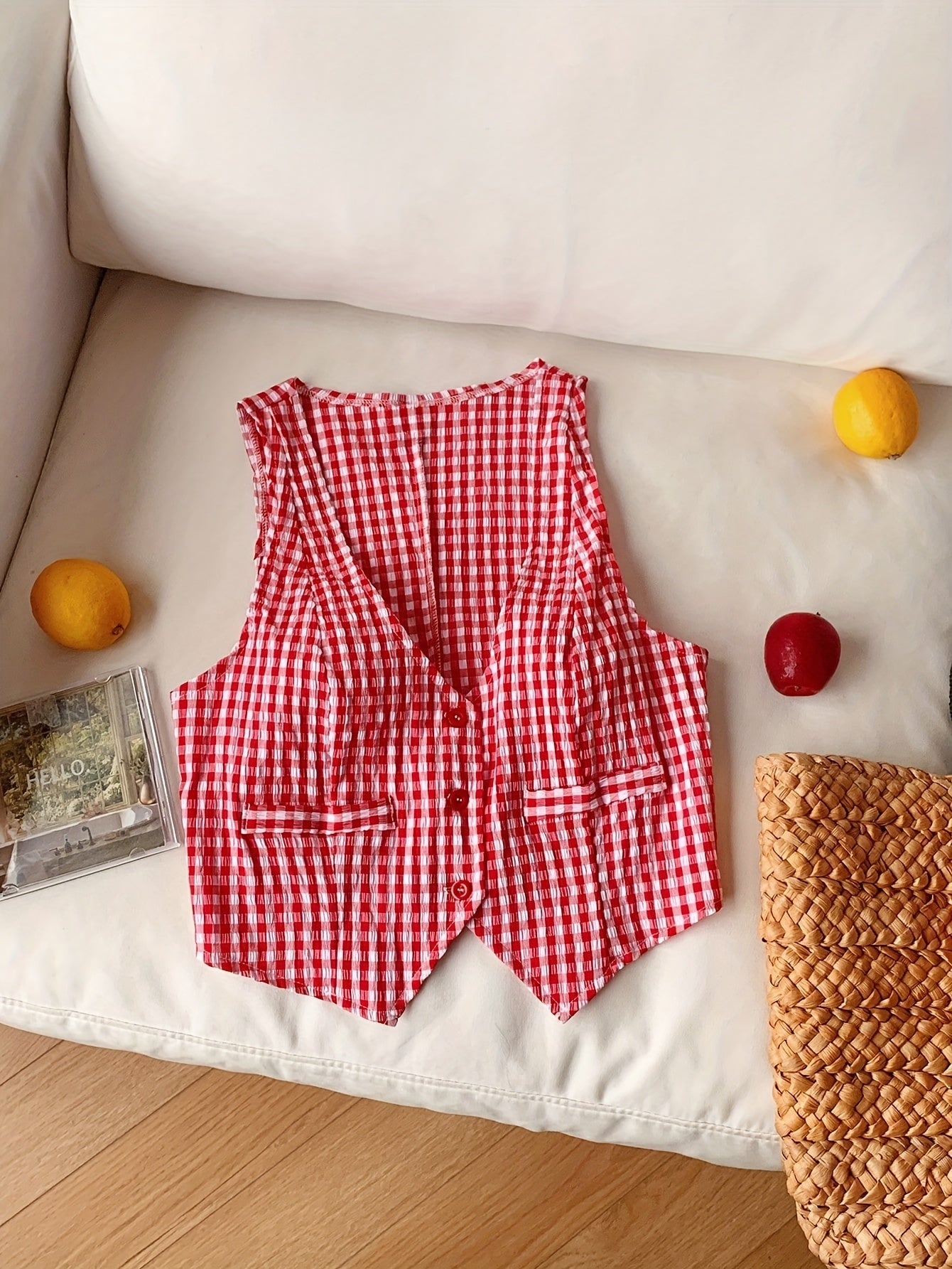 Damska kraciasta kamizelka z dekoltem w serek w stylu vintage – elegancka bezrękawnikowa krótka kamizelka na wiosnę i lato